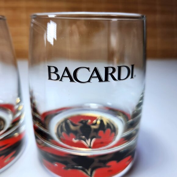 Bacardi Rum Cocktail Glass Bat Logo Lot of 2 Weighted lo-ball Collectable 10oz - Picture 4 of 8